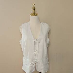 Luvamia White Linen Blend Vest – Sleeveless‎ Tie Front Summer Layer Medium